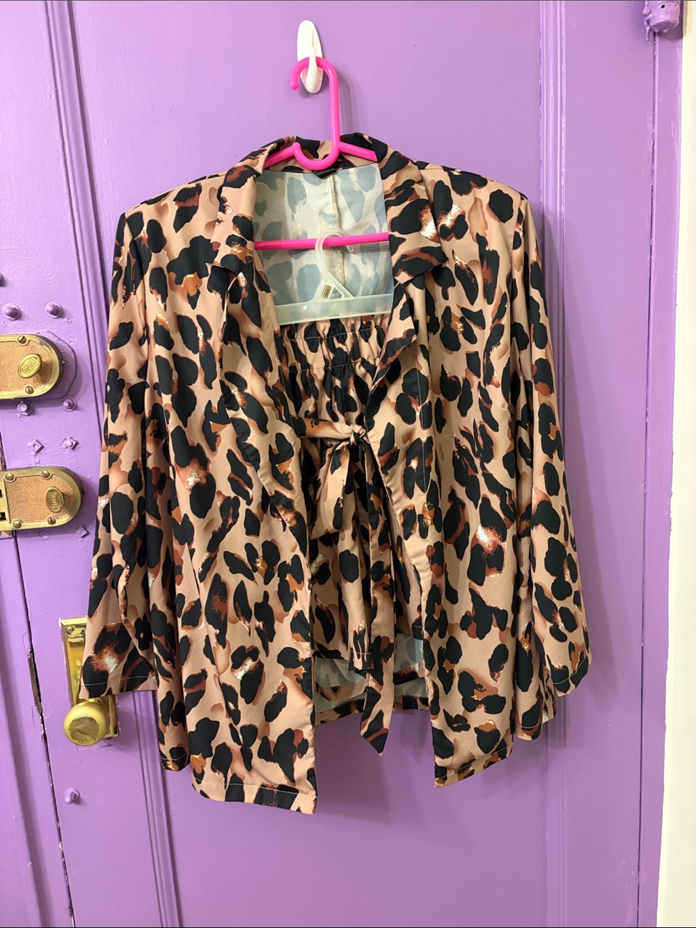 Leopard Print Open Front Jacket and Shorts Set. Beige/Black